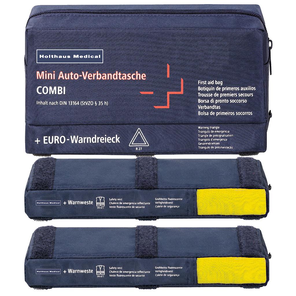 Sacoche combinée -Mini- Contenu : Premiers secours + Triangle de signalisation + 2 Gilet de sécurité