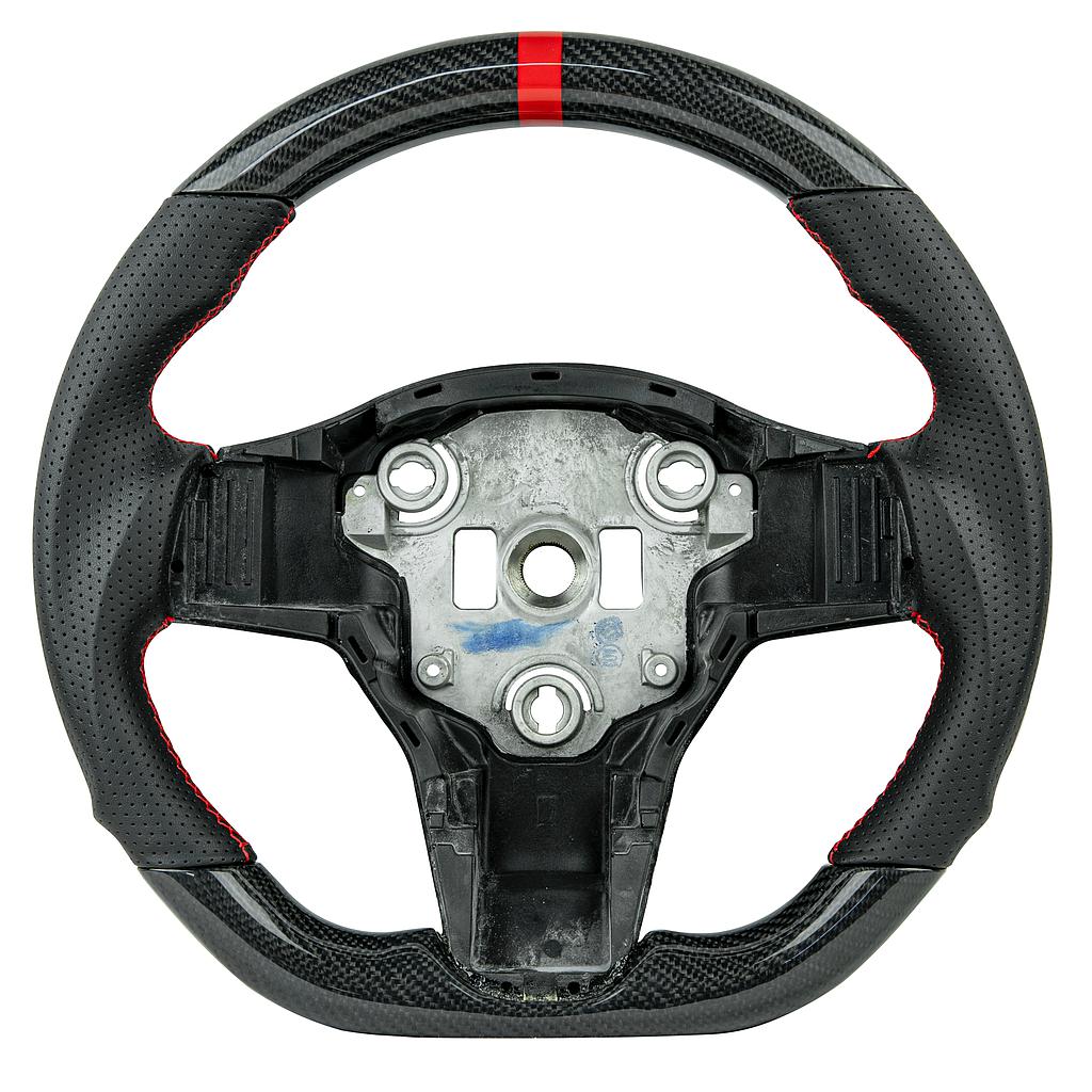 Volante in carbonio/pelle Tesla Model 3, cuciture rosse, display rosso