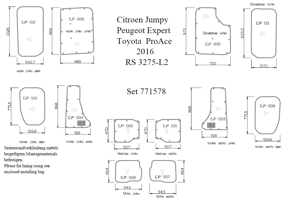 Seitenwandverkleidung Jumpy / Expert / Pro Ace 2016- L2 / M, 12-teilig