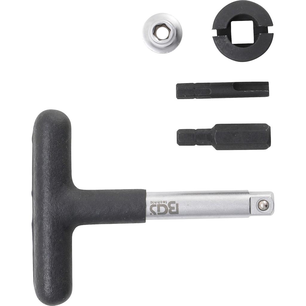 Universal-Öldienst-Schlüssel-Satz | für Kunststoff-Ölablassschrauben | Antrieb Außensechskant 6,3 mm (1/4&quot;) / Abtrieb Außenvierkant 10 mm (3/8&quot;) | 5-tlg.